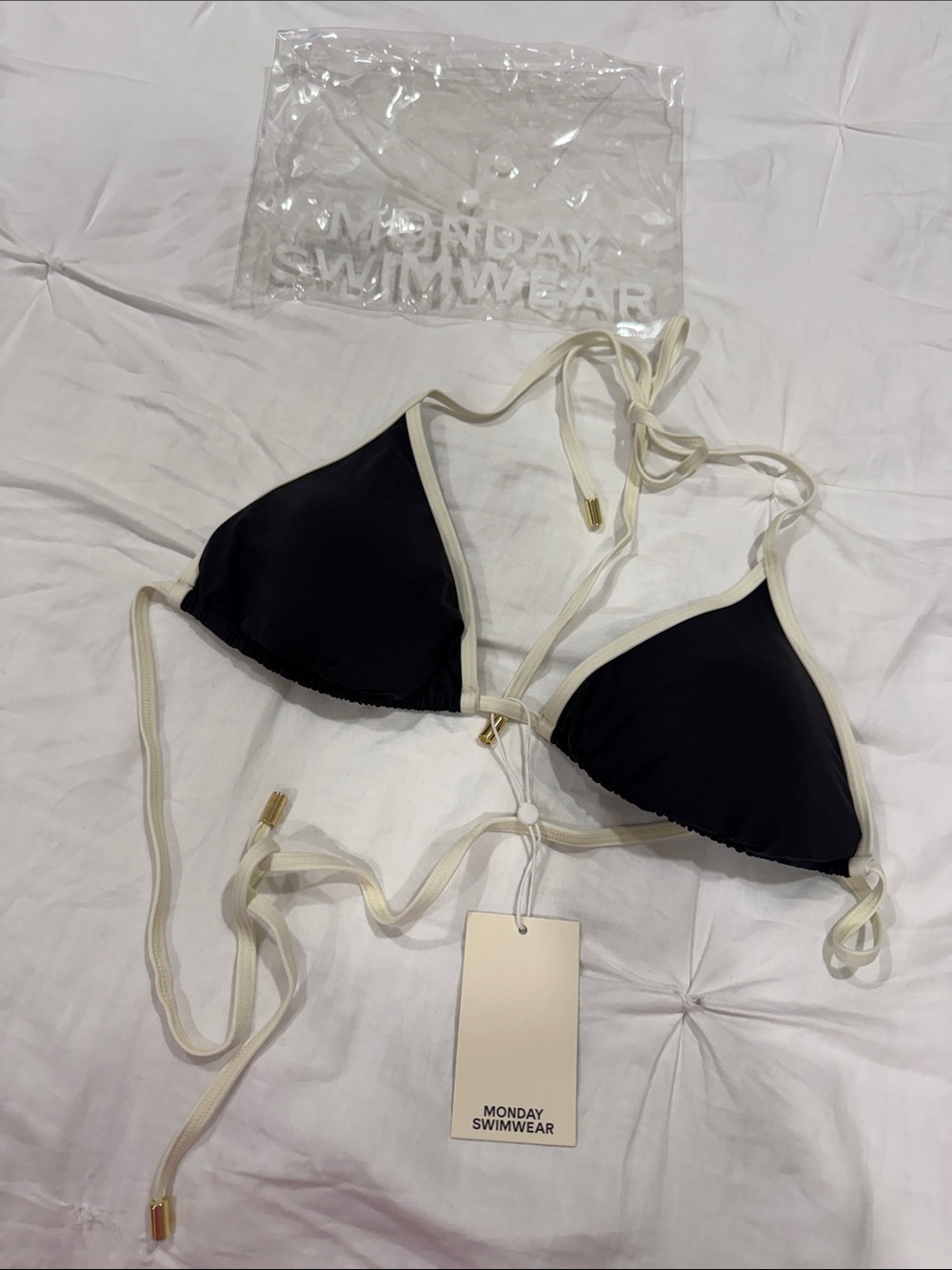 Monday Swimwear Black and Cream Triangle Bikini Top with Gold Accents